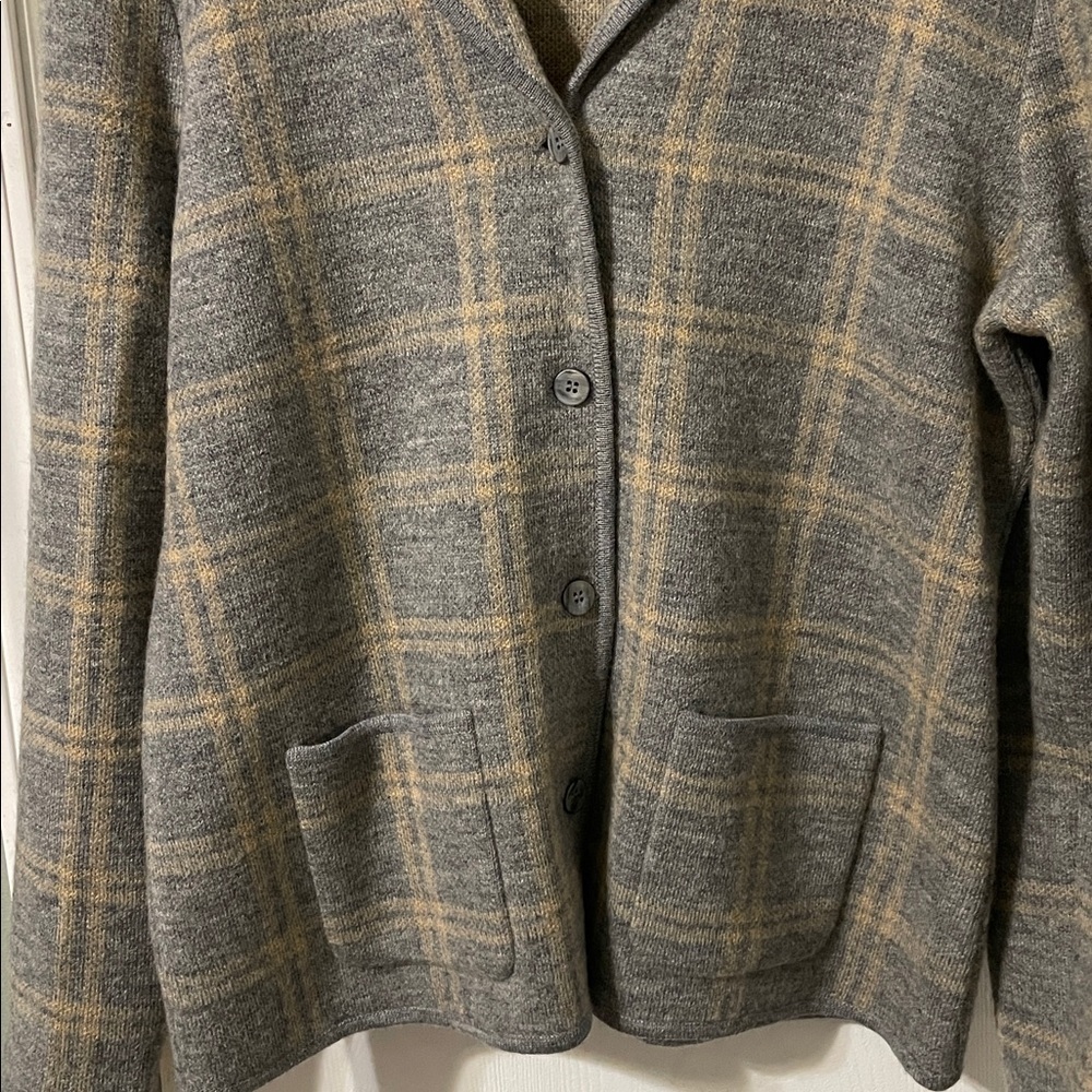 Rena Rowan Vintage 100% Wool Plaid Sweater Jacket Button Down Tan & Gray Large - Picture 4 of 9